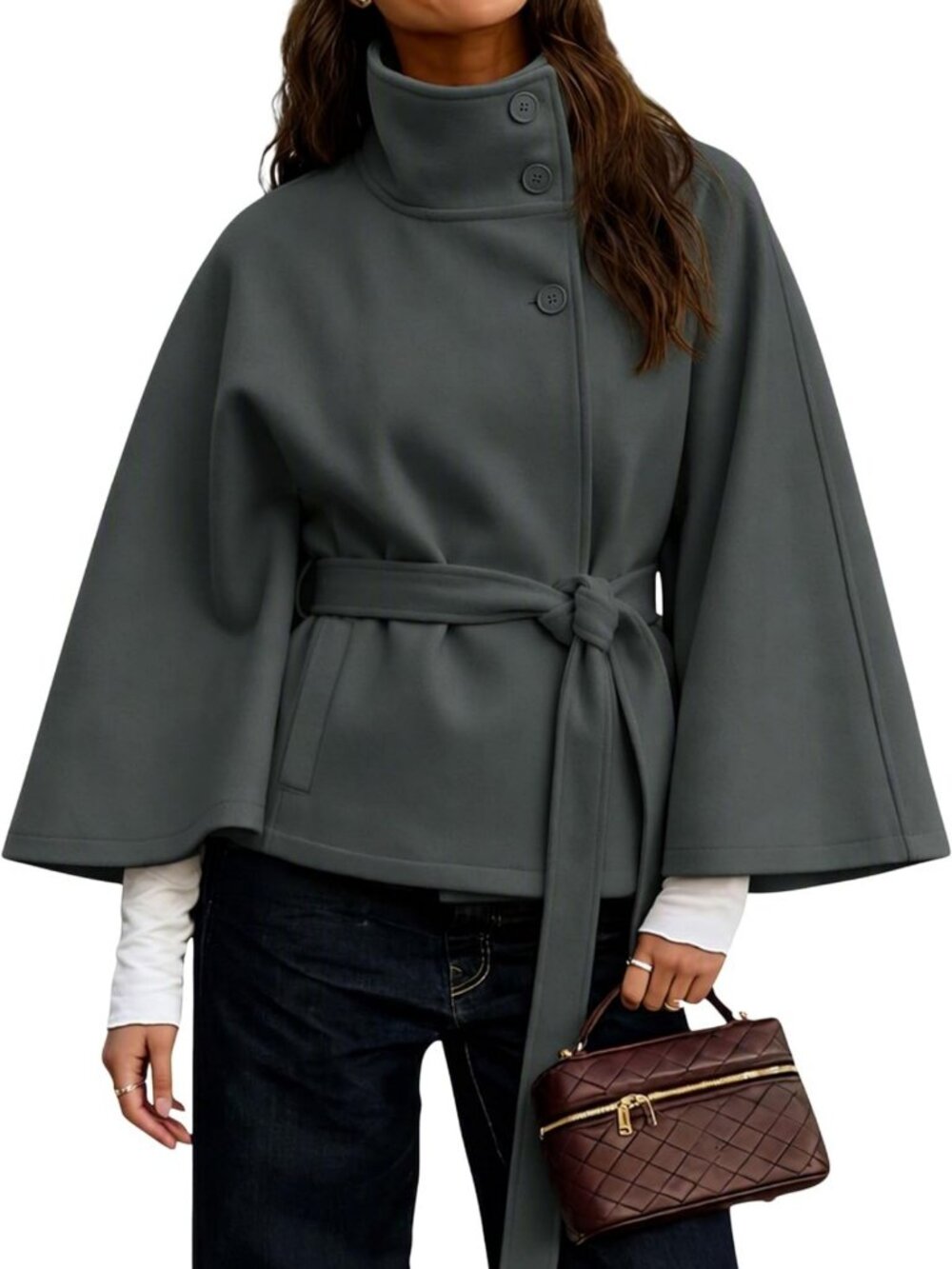 Cozy Batwing Sleeve Wool Blend Poncho Jacket with Stand Collar - Winter Overcoat